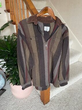Vintage Field Gear Wool Blend Striped Half-Zip Pullover Jacket in Brown & Olive